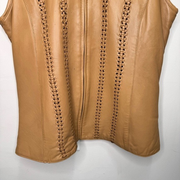 Peck and Peck Tan Brown Genuine Leather Sweater Back Vest Full Zip Closure Large - Picture 7 of 11